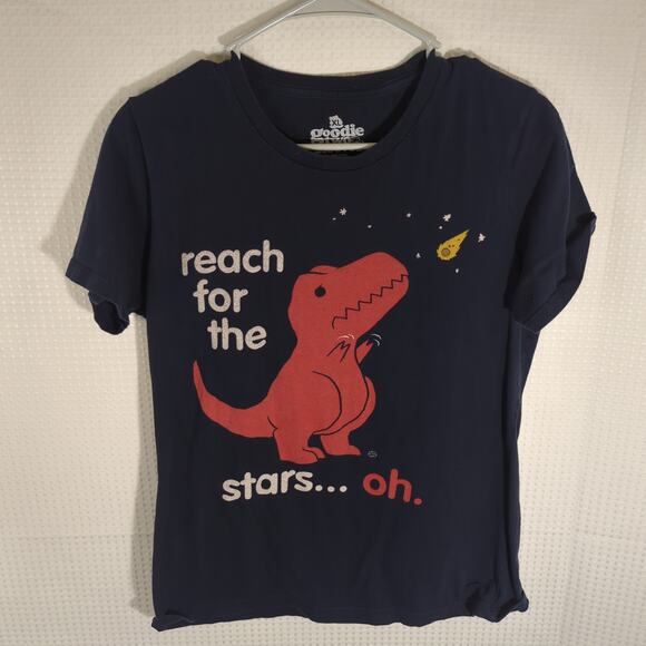 Goodie Two Sleeves XL T Shirt Womens Graphic Dinosaur Meteor Funny Tee Navy Blue - Picture 1 of 4